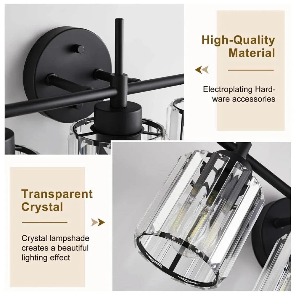 4 Light Round Crystal Vanity Lights Modern Black Crystal Wall‎ Light Bath Mirror
